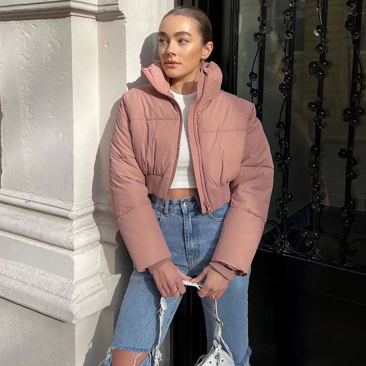 Damen cropped Daunenjacke mit hohem Kragen und elastischem Bund Drune