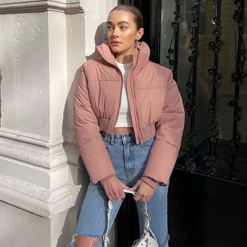 Damen cropped Daunenjacke mit hohem Kragen und elastischem Bund Drune