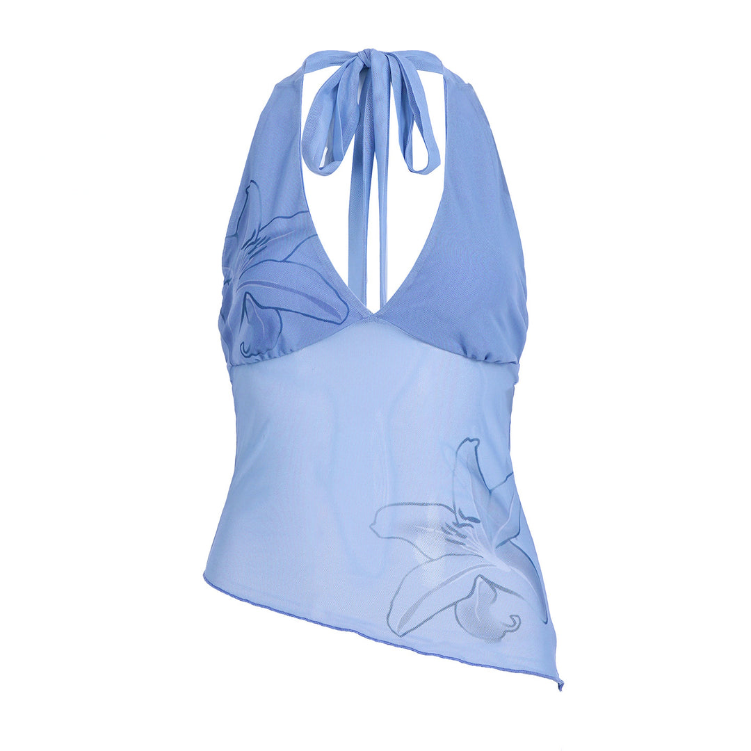 Damen Neckholder Oberteil mit floralem Design und asymmetrischem Schnitt Drune
