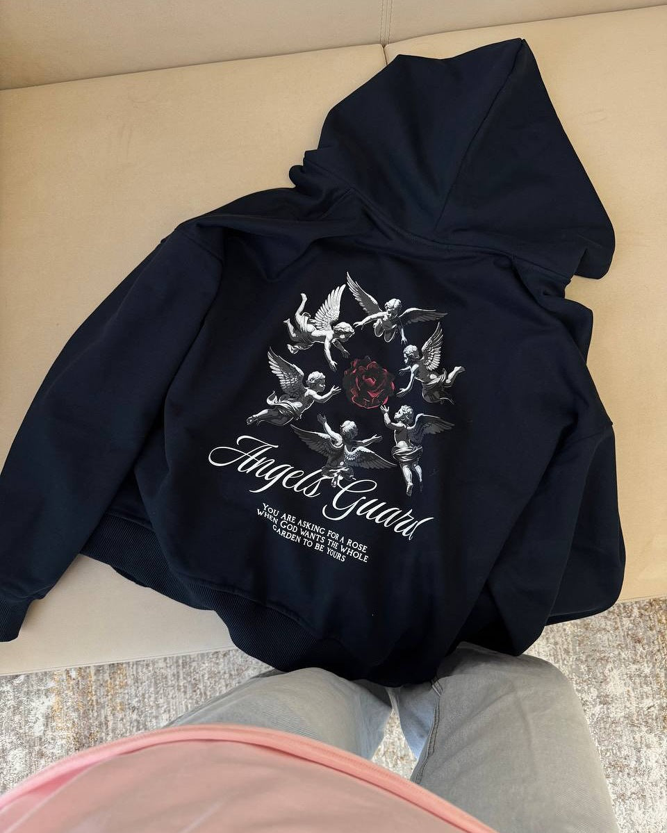 Damen Kapuzenpullover mit kunstvollem Engelmotiv und modischem Schriftzug Drune
