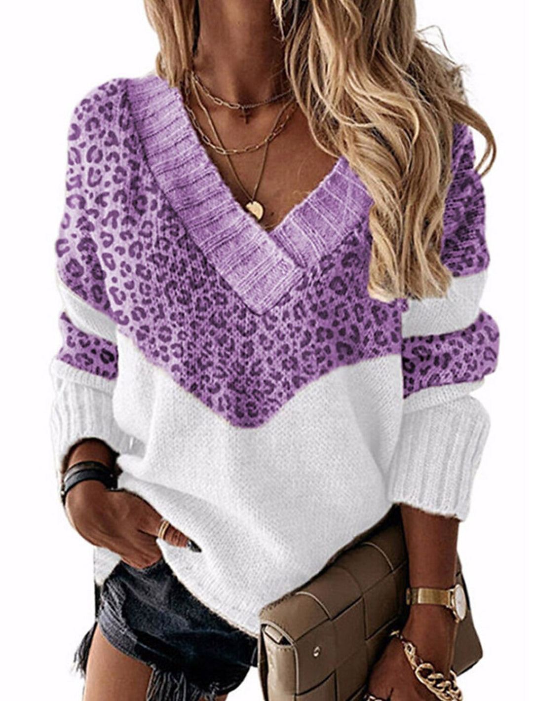 Damen V-Ausschnitt Pullover mit Leopardenmuster Drune