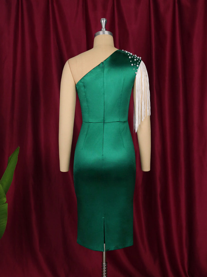 Damen Elegantes asymmetrisches Cocktailkleid mit Perlen- und Fransen-Details Drune