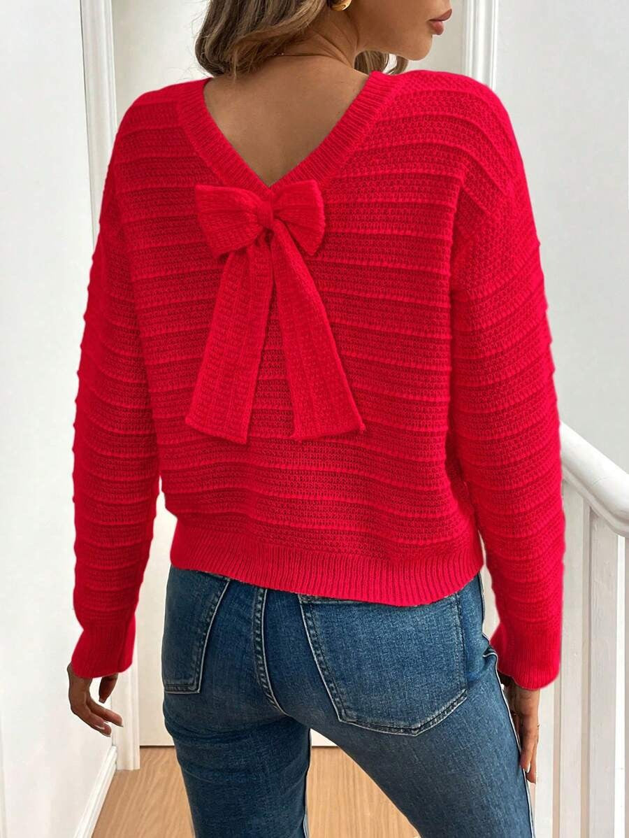 Damen Strickpullover mit verspieltem Schleifendetail im Rücken und modernem V-Ausschnitt Drune