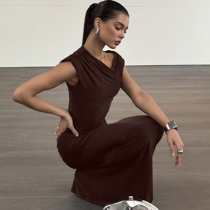 Damen Elegantes Wickel-Maxikleid mit asymmetrischer Schulterpartie Drune
