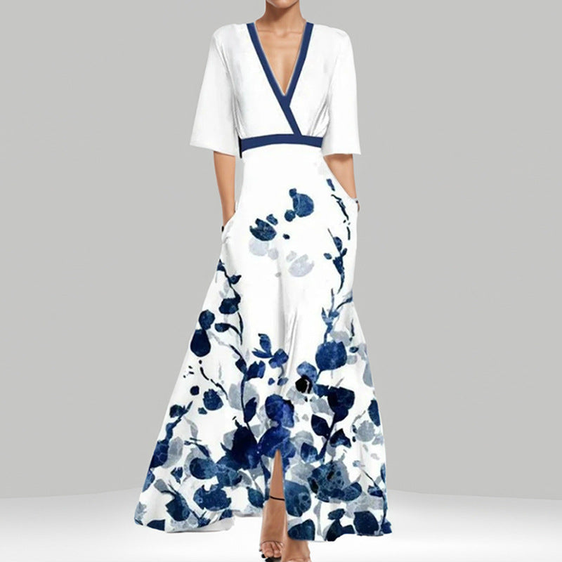 Drune | Elegantes V-Ausschnitt bedrucktes Taillenkleid mit Schößchen