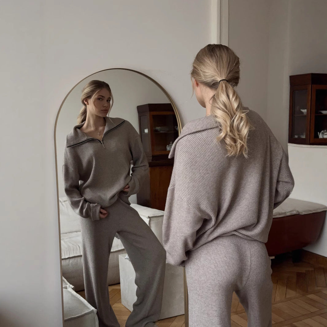 Damen hochgeschnittener und eleganter Knit-Pullover mit Reißverschluss und weitem Bein Drune