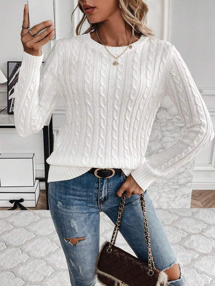 Damen Grobstrickpullover mit modernen Zopfmustern und Rundhalsausschnitt Drune