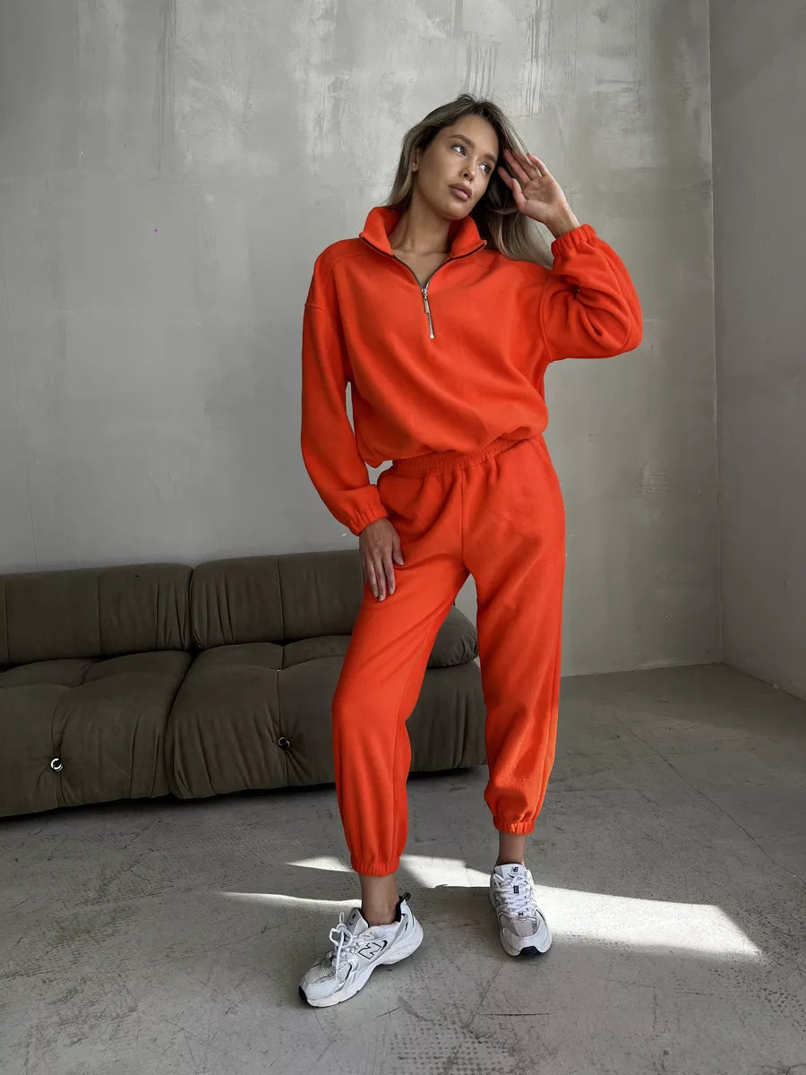 Damen lässiger Fleece-Lounge-Anzug mit kurzem Reißverschluss Drune