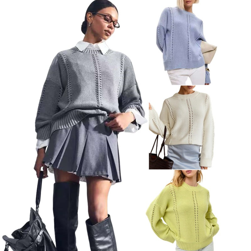 Damen Strickpullover mit dekorativem Lochmuster und voluminösen Ärmeln Drune