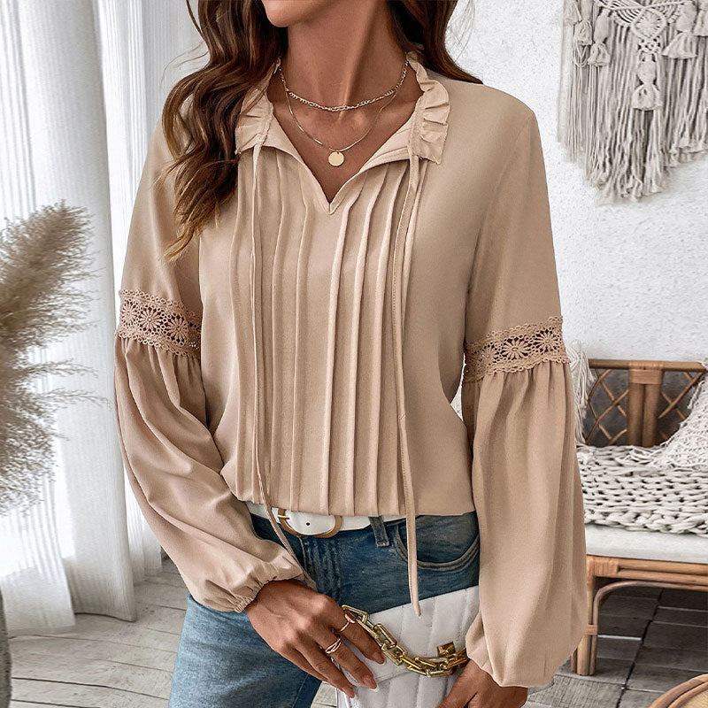 Damen elegante Longbluse mit feinen Falten und Spitzenakzenten Drune