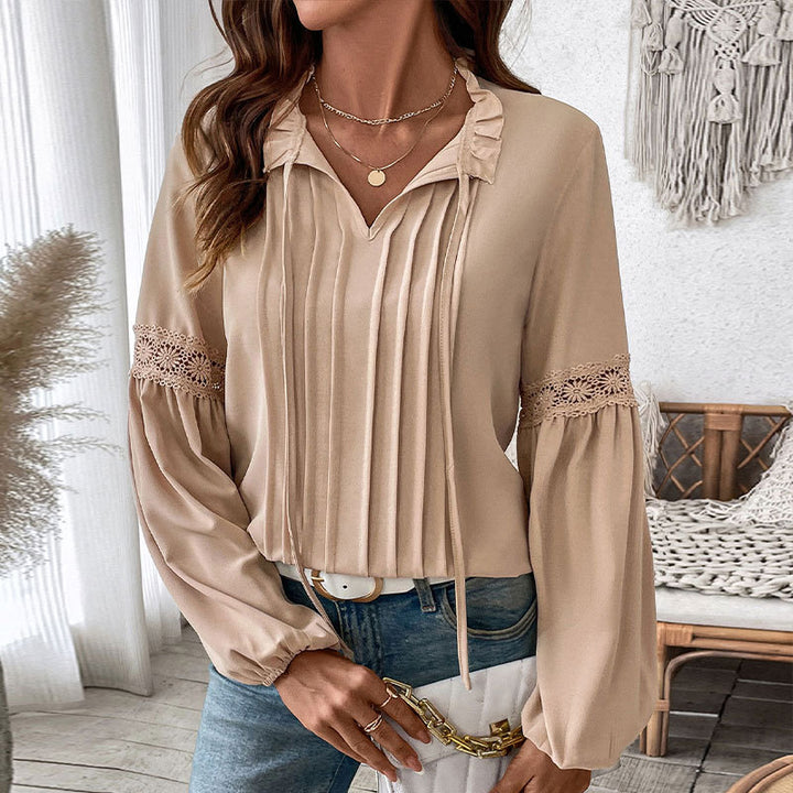 Damen elegante Longbluse mit feinen Falten und Spitzenakzenten Drune