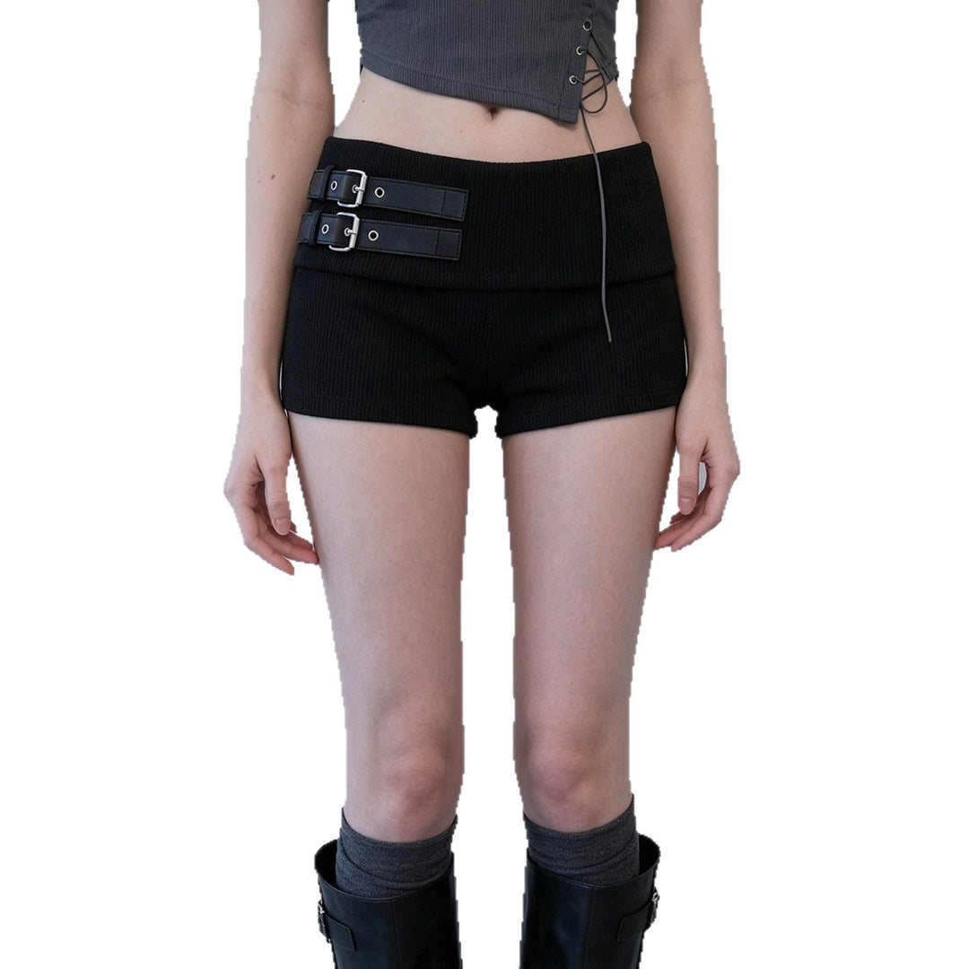 Damen Shorts mit breitem Bund und dekorativen Schnallen Drune