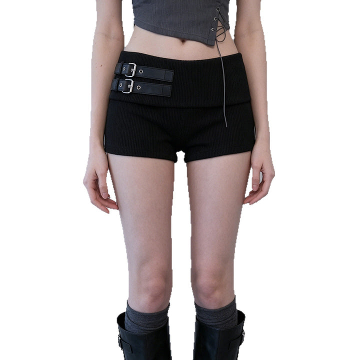 Damen Shorts mit breitem Bund und dekorativen Schnallen Drune