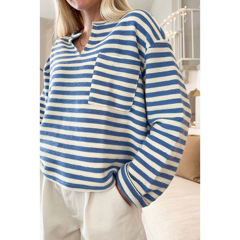 Damen gestreiftes Sweatshirt mit V-Ausschnitt und Brusttasche Drune