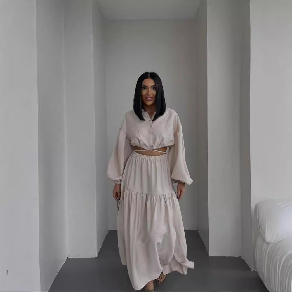 Damen Crop-Bluse mit Puffärmeln und Knopfdetails Drune