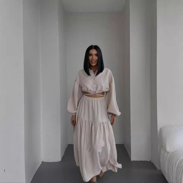 Damen Crop-Bluse mit Puffärmeln und Knopfdetails Drune