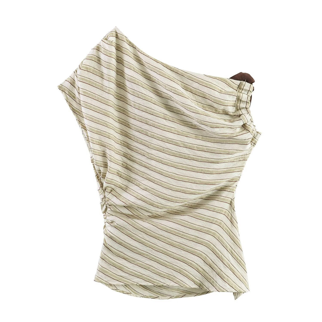 Damen asymmetrisches Oberteil mit eleganter Bindegurtdetail und feinen Streifen Drune