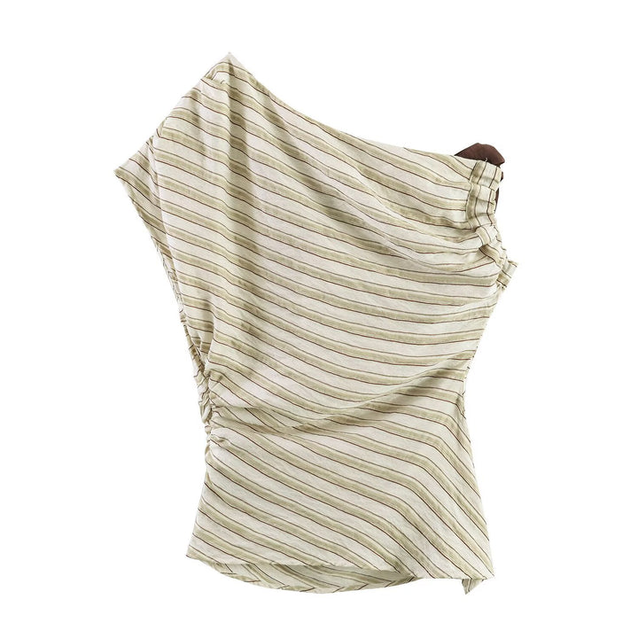 Damen asymmetrisches Oberteil mit eleganter Bindegurtdetail und feinen Streifen Drune