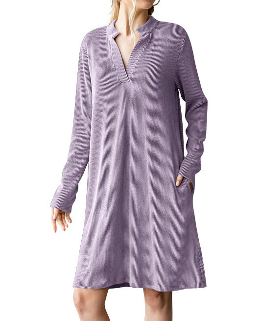 Damen lässiges Langarmkleid mit Knopfleiste und Taschen Drune