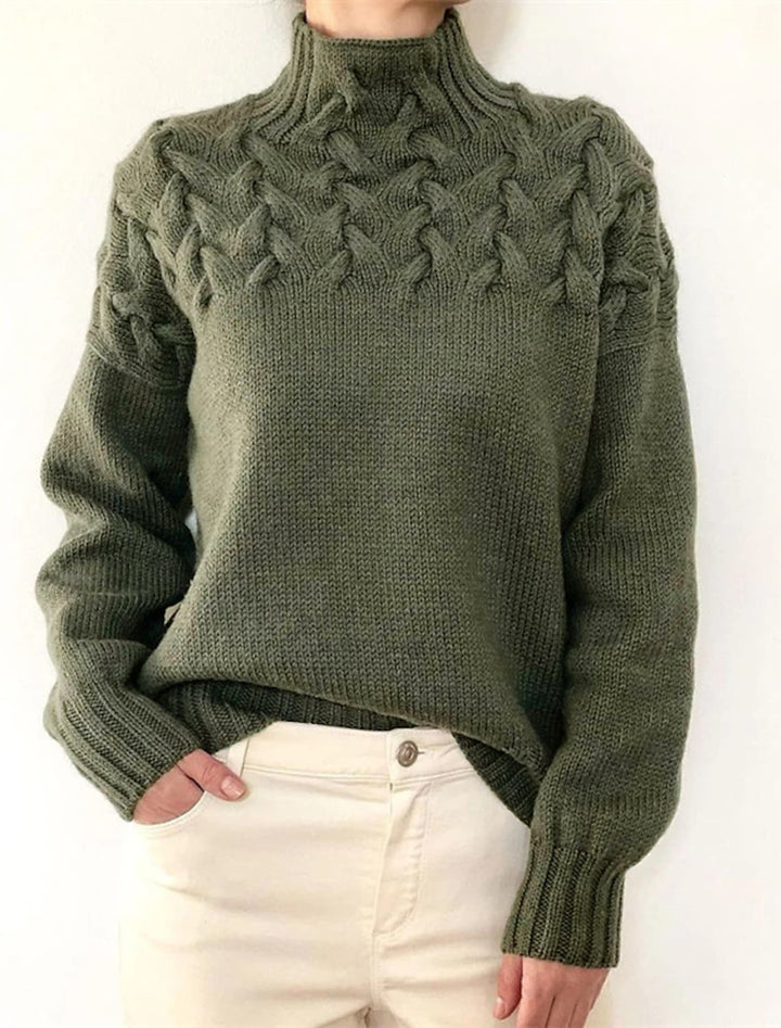 Damen Strickpullover mit dekorativem Zopfmuster und hohem Kragen Drune