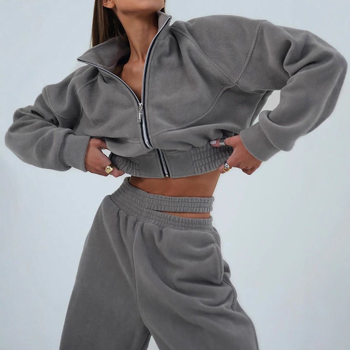 Damen Sportfreizeitanzug mit Cropped Jacke und elastischem Bund Drune