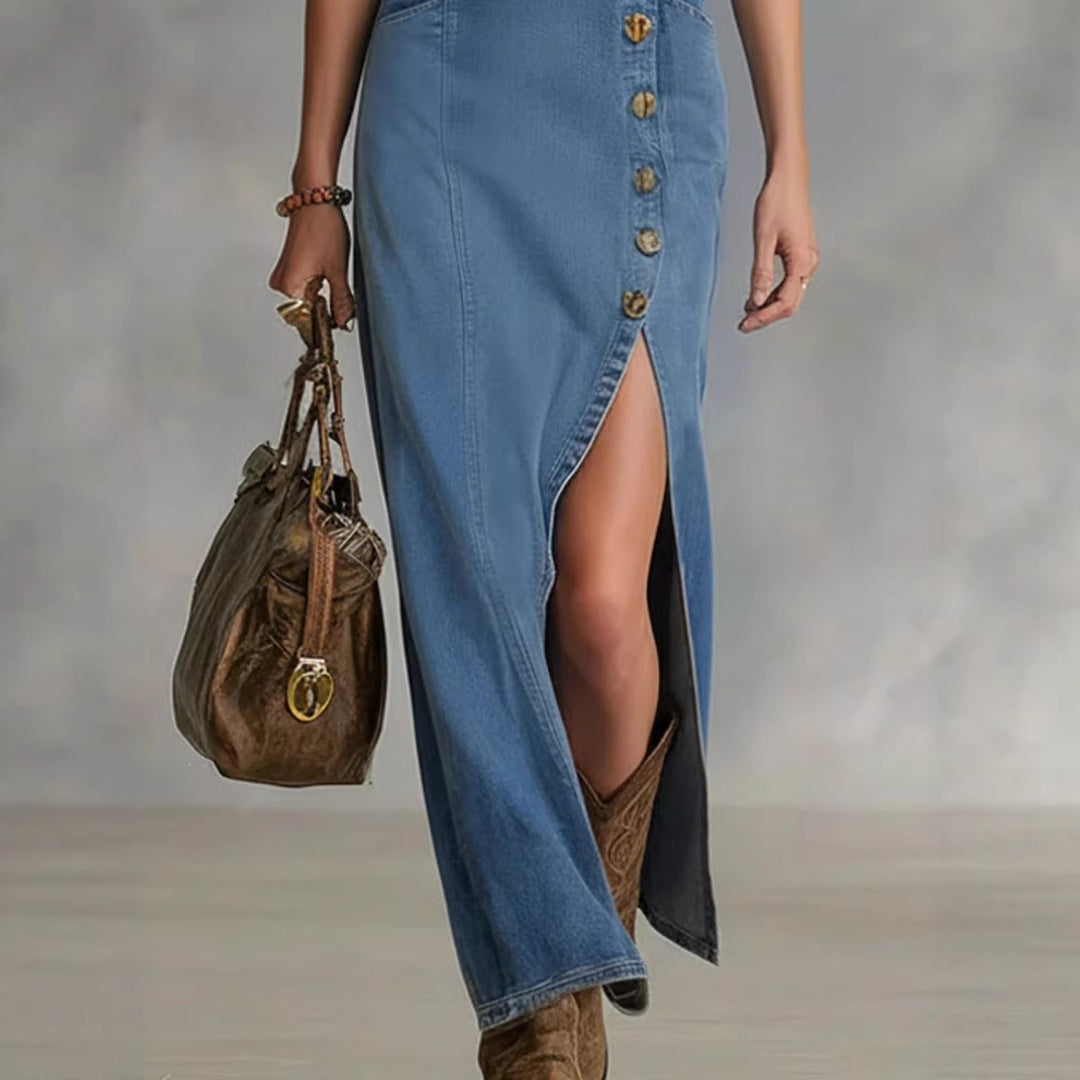 Damen Langes Denim Kleid mit hohen Schlitz und Knopfdetails Drune