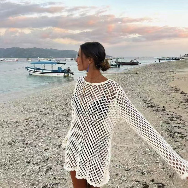 Damen luftiger Häkel-Strandüberwurf mit weiten Ärmeln und asymmetrischem Saum Drune