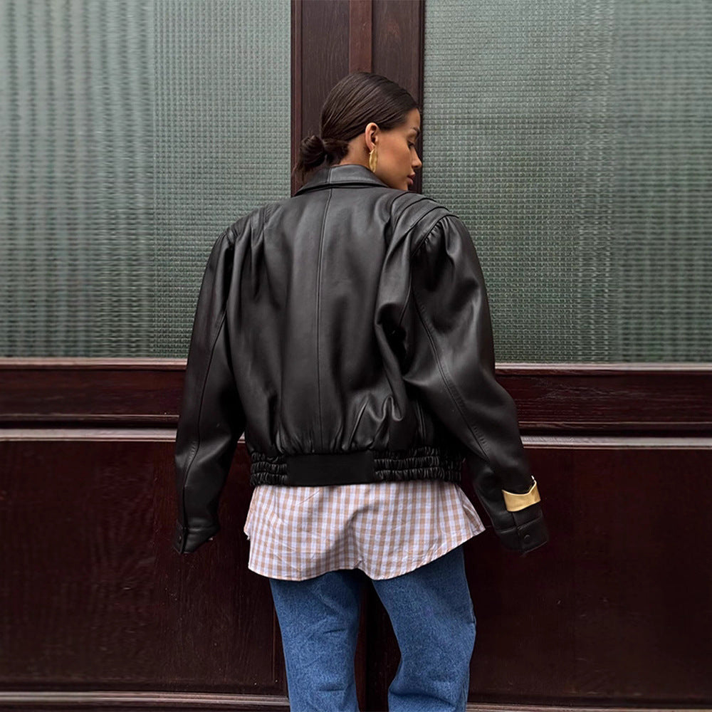 Damen Modische Lederblazerjacke mit Puffärmeln Drune