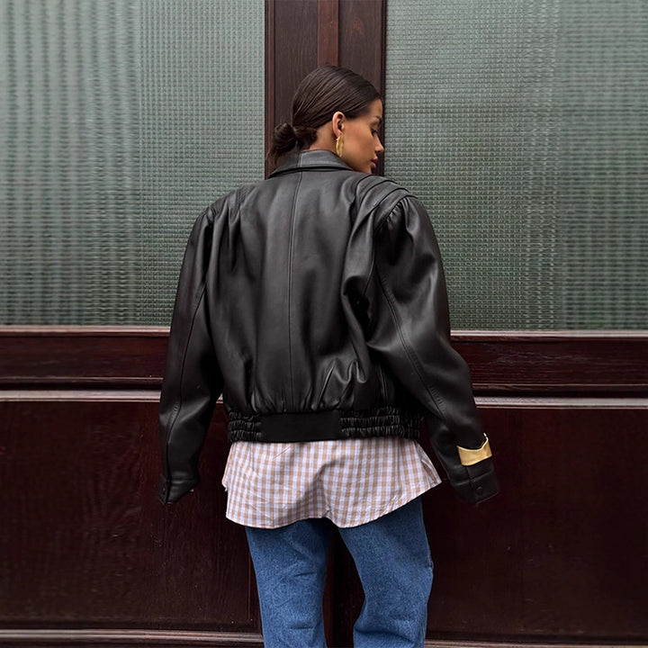 Damen Modische Lederblazerjacke mit Puffärmeln Drune