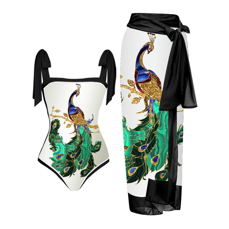 Damen Einteiler Badeanzug mit elegantem Wickelrock und modischen Riemen Drune