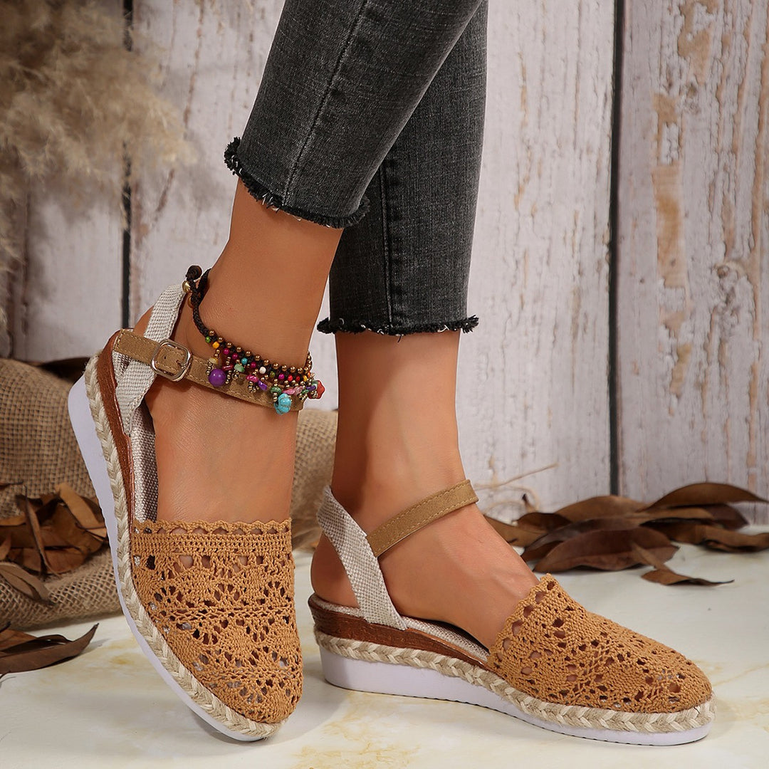 Damen elegante Espadrilles mit handgefertigtem Häkel-Design und verstellbarem Knöchelriemen Drune