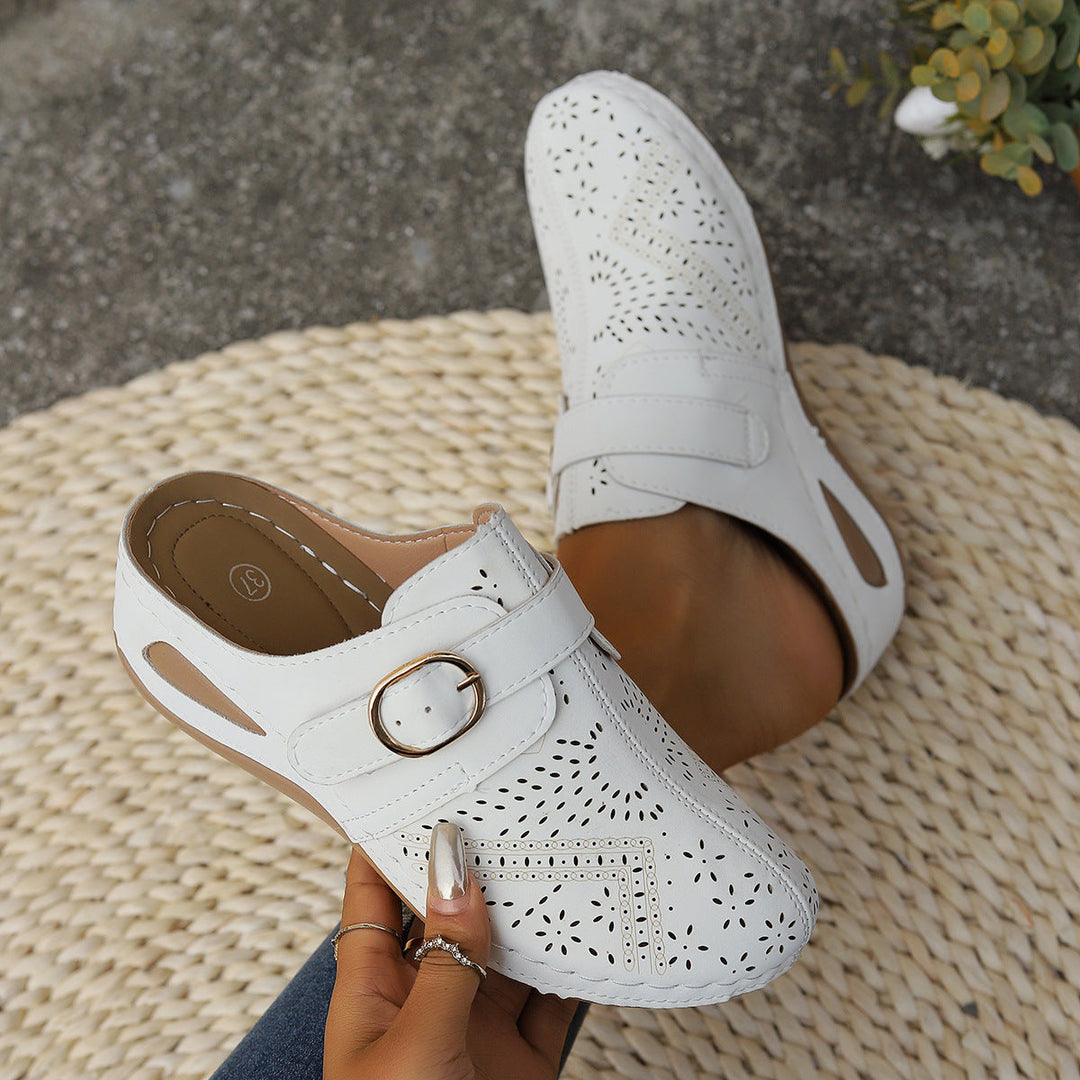 Damen geschlossene Clogs mit dekorativen Lochmustern und eleganter Schnalle Drune