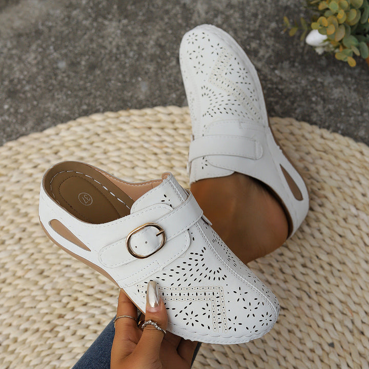 Damen geschlossene Clogs mit dekorativen Lochmustern und eleganter Schnalle Drune