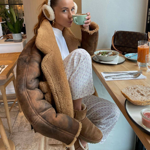Damen gemütliche Teddy-Lederjacke mit praktischen Taschen Drune