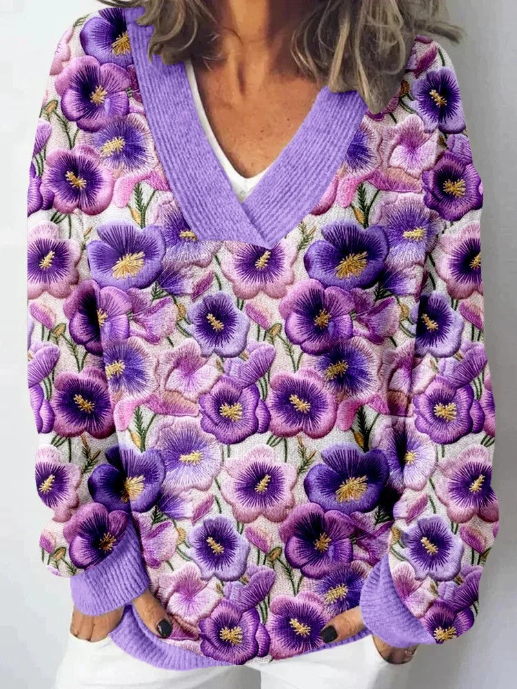 Damen V-Ausschnitt Pullover mit floralem Muster und lässigem Schnitt Drune