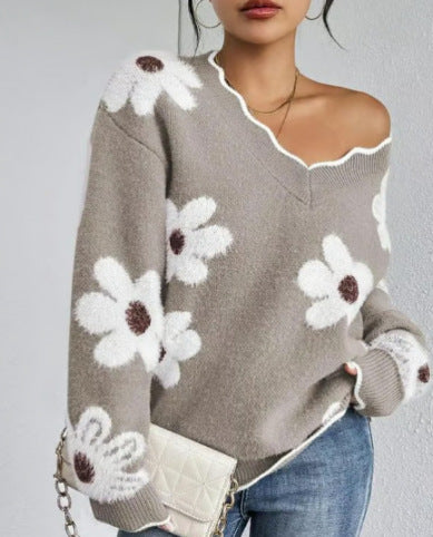 Damen Strickpullover mit floralem Design und glamourösem V-Ausschnitt Drune