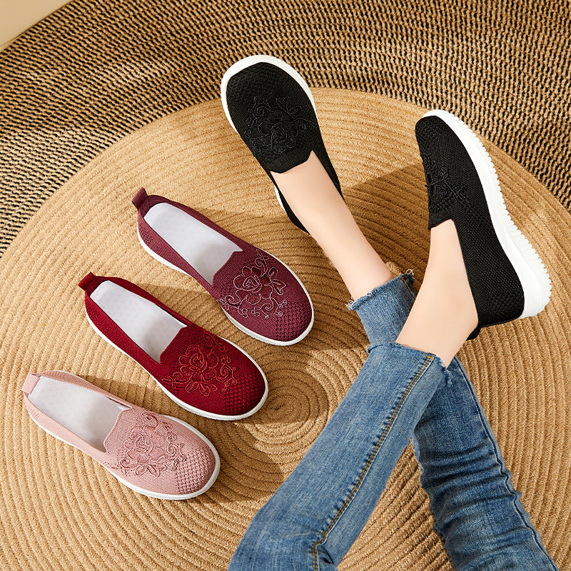 Damen nan eleganter Strick-Slipper mit floraler Stickapplikation, elastischem Einstieg und federleichter EVA-Laufsohle Drune
