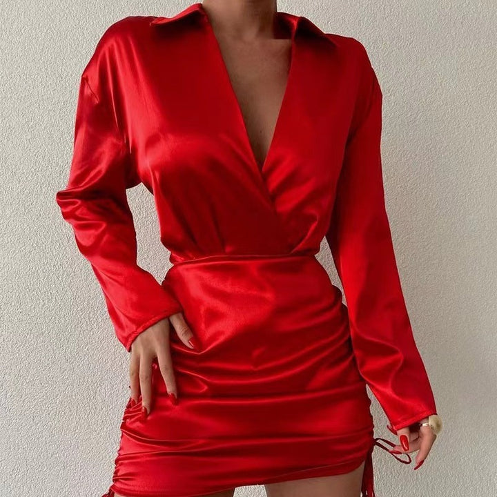 Damen Elegantes Wickelkleid mit langem Arm und verstellbarem Saum Drune