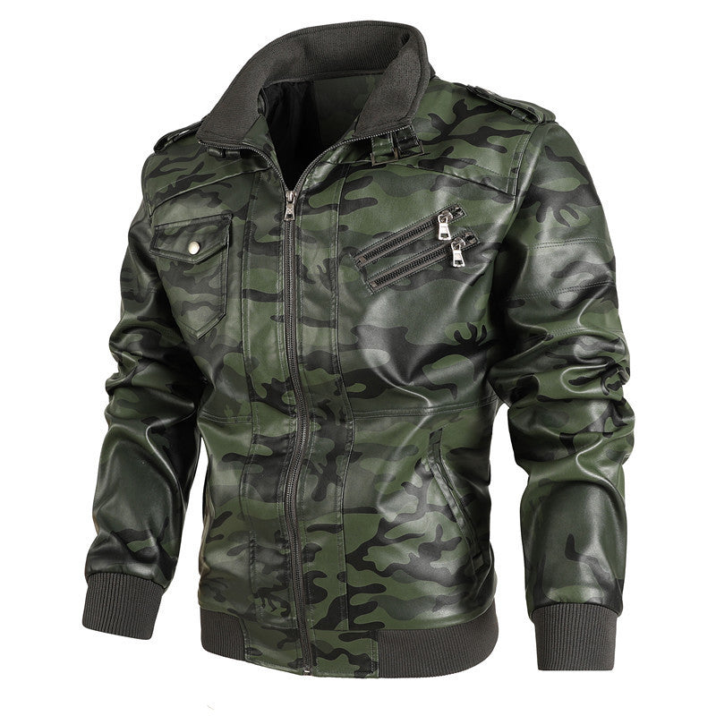 Herren modische Kunstlederjacke im Camouflage-Design mit praktischen Taschen Drune