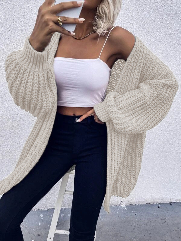 Damen Offener Strickcardigan mit voluminösen Ärmeln und strukturierter Textur Drune
