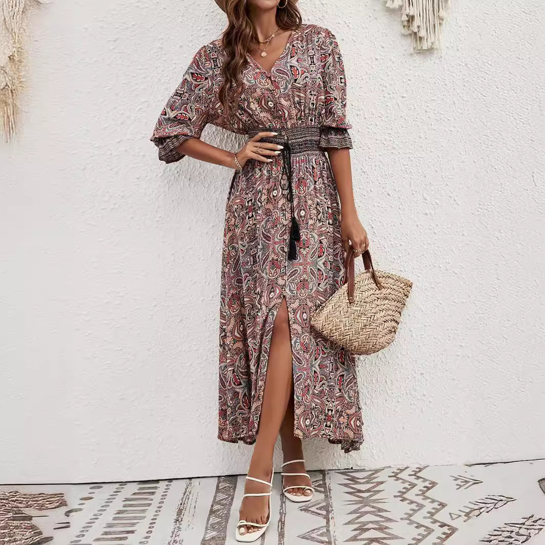 Damen Maxikleid mit abnehmbarem Taillengürtel und kunstvollem Muster Drune