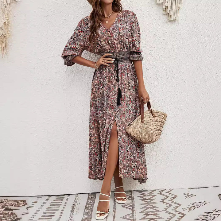 Damen Maxikleid mit abnehmbarem Taillengürtel und kunstvollem Muster Drune