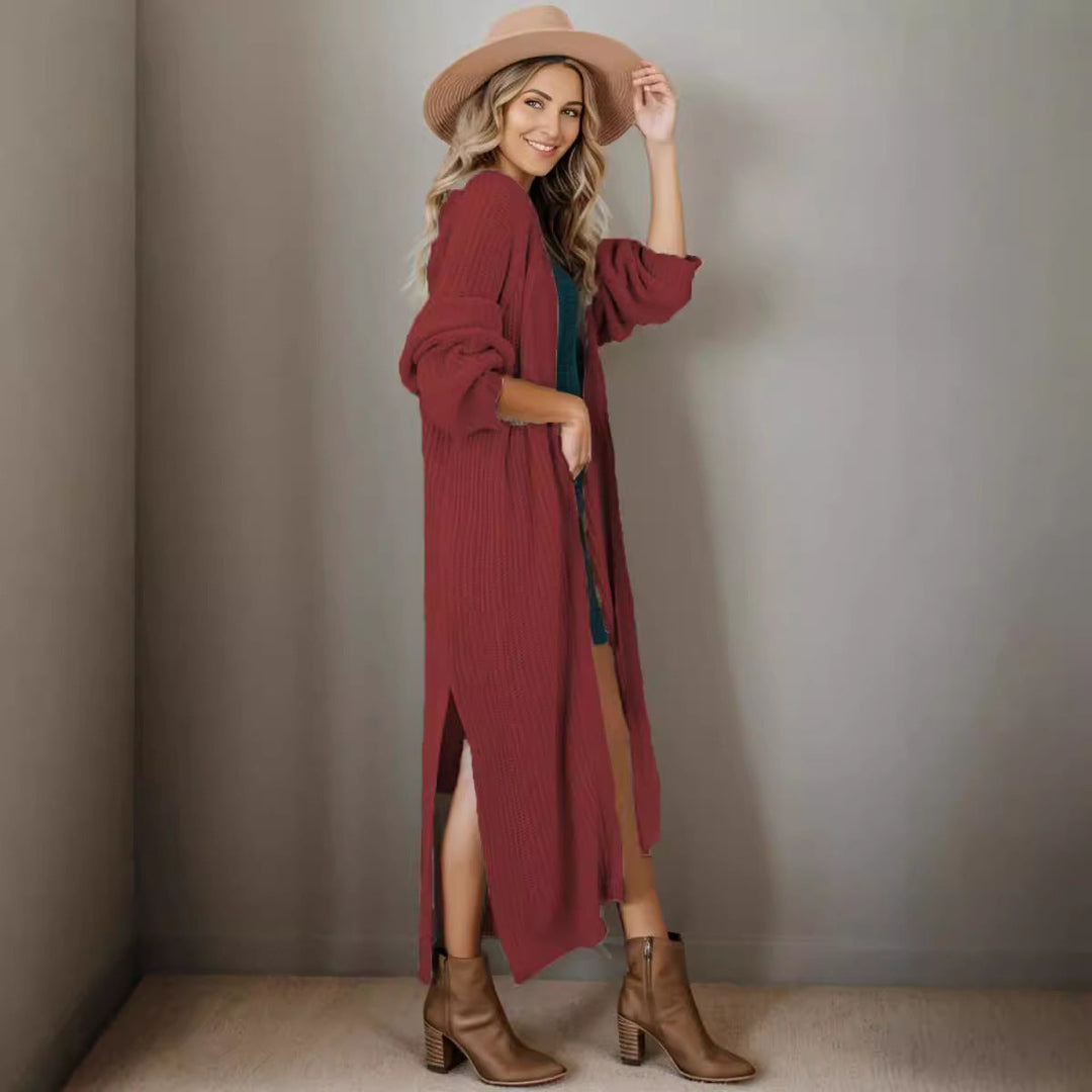 Damen lange Strickjacke in lässiger Rippstruktur mit offenen Ärmeln und Taschen Drune