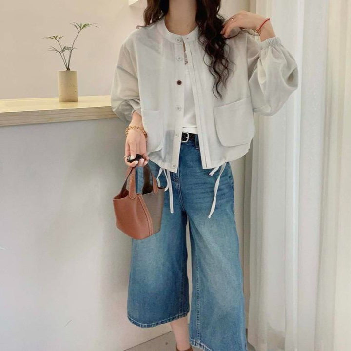 Damen lässige kurzärmelige Jacke mit Taschen und Kordelzug Drune