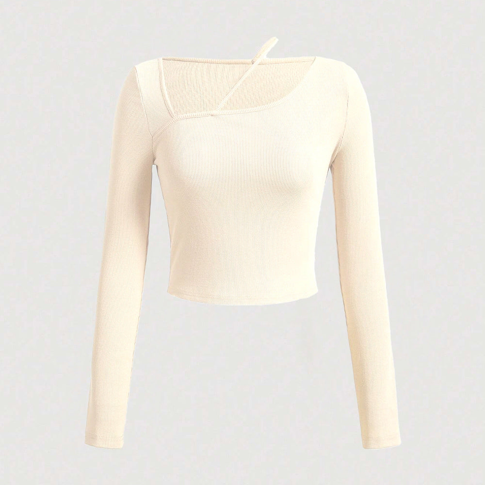 Damen langärmliges Crop-Shirt mit asymmetrischem Ausschnitt und feiner Rippstruktur Drune