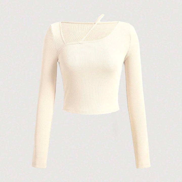Damen langärmliges Crop-Shirt mit asymmetrischem Ausschnitt und feiner Rippstruktur Drune