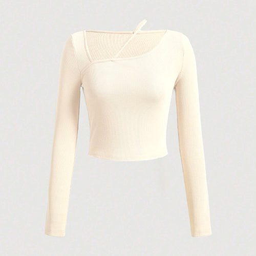 Damen langärmliges Crop-Shirt mit asymmetrischem Ausschnitt und feiner Rippstruktur Drune