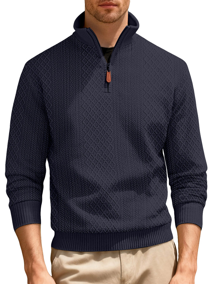 Herren nan feinstrukturierter Halbzip-Pullover im Jacquard-Relief mit hohem Stehkragen und Leder-Zipper Drune