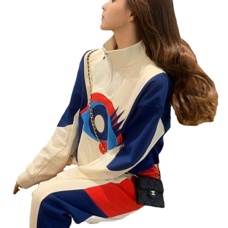 Damen Sportlicher Anzug mit hohem Kragen und modernem grafischen Design Drune