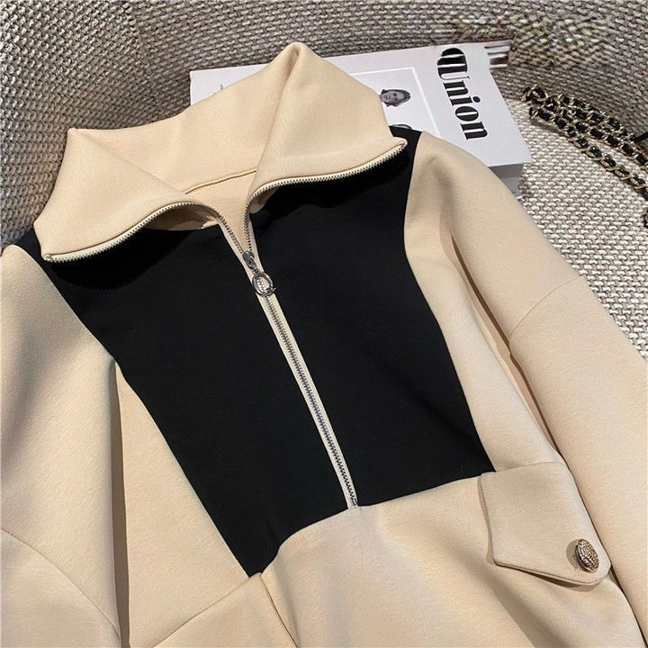 Damen Modischer Kapuzenpullover mit Reißverschluss und Kontrastdetails Drune